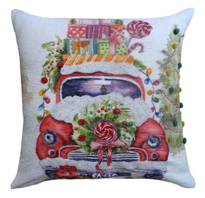 Homeroots 20" X 20" Green And Red Zippered Handmade Cotton Blend Christmas Holiday Van Throw Pillow With Pom Poms   482278