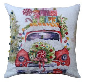 Homeroots 20" X 20" Green And Red Zippered Handmade Cotton Blend Christmas Holiday Van Throw Pillow With Pom Poms   482278