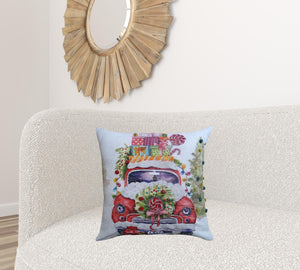 Homeroots 20" X 20" Green And Red Zippered Handmade Cotton Blend Christmas Holiday Van Throw Pillow With Pom Poms   482278