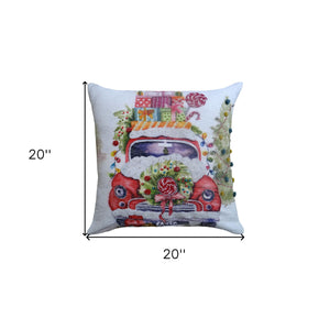Homeroots 20" X 20" Green And Red Zippered Handmade Cotton Blend Christmas Holiday Van Throw Pillow With Pom Poms   482278