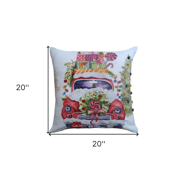 Homeroots 20" X 20" Green And Red Zippered Handmade Cotton Blend Christmas Holiday Van Throw Pillow With Pom Poms   482278