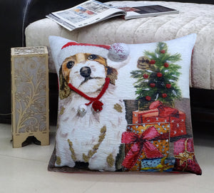 Homeroots 20" X 20" Red And White Dog Zippered Handmade Cotton Blend Christmas Throw Pillow With Pom Poms   482279