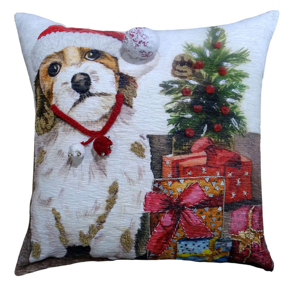 Homeroots 20" X 20" Red And White Dog Zippered Handmade Cotton Blend Christmas Throw Pillow With Pom Poms   482279