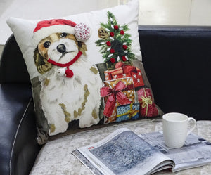 Homeroots 20" X 20" Red And White Dog Zippered Handmade Cotton Blend Christmas Throw Pillow With Pom Poms   482279