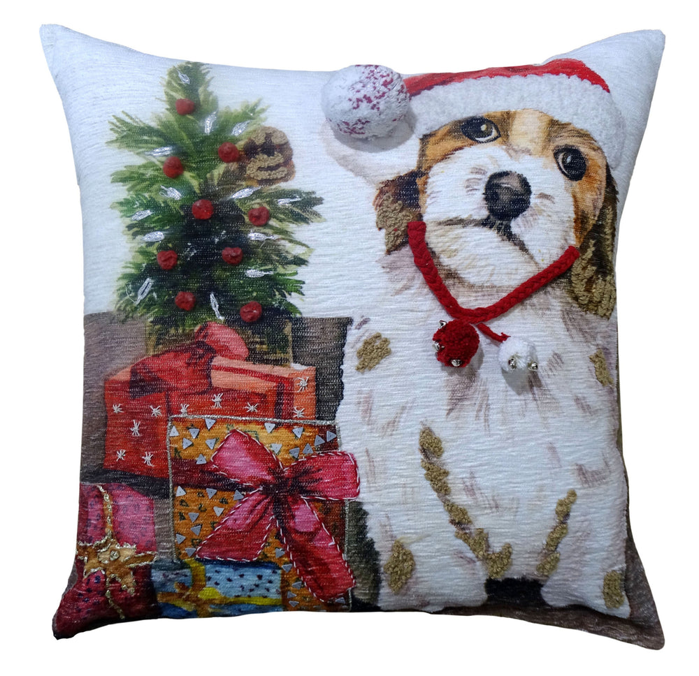 Homeroots 20" X 20" Red And White Dog Zippered Handmade Cotton Blend Christmas Throw Pillow With Pom Poms   482279