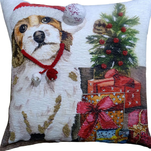 Homeroots 20" X 20" Red And White Dog Zippered Handmade Cotton Blend Christmas Throw Pillow With Pom Poms   482279
