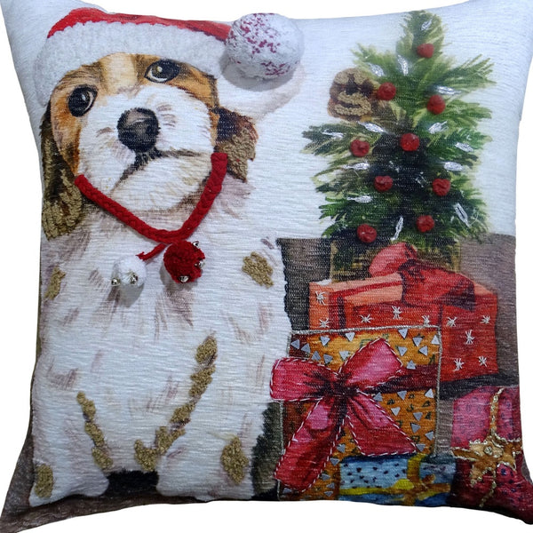 Homeroots 20" X 20" Red And White Dog Zippered Handmade Cotton Blend Christmas Throw Pillow With Pom Poms   482279