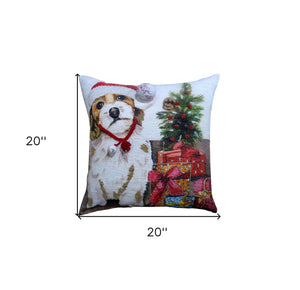 Homeroots 20" X 20" Red And White Dog Zippered Handmade Cotton Blend Christmas Throw Pillow With Pom Poms   482279