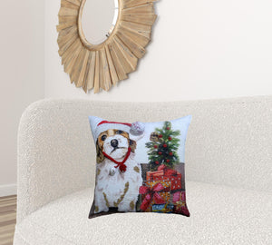 Homeroots 20" X 20" Red And White Dog Zippered Handmade Cotton Blend Christmas Throw Pillow With Pom Poms   482279
