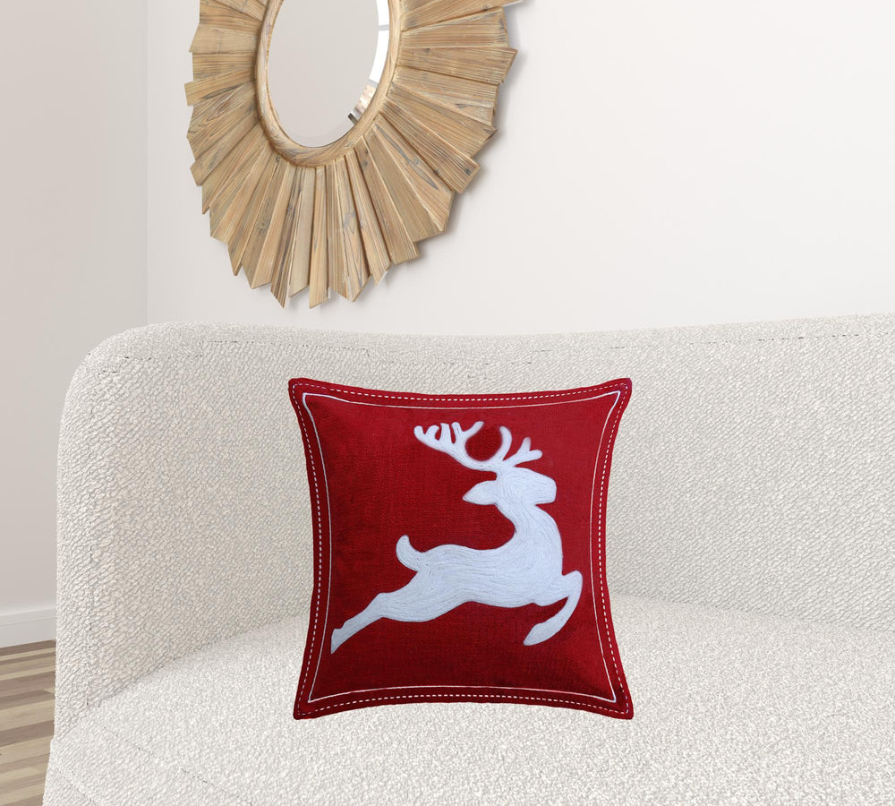 Homeroots 20" X 20" Red Deer Zippered Cotton Blend Christmas Reindeer Throw Pillow   482281