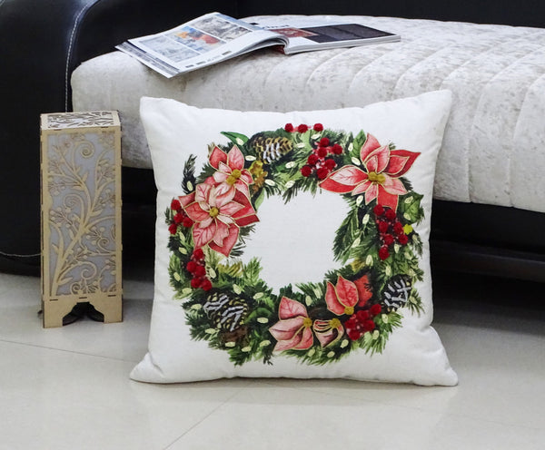 Homeroots 20" X 20" Red And Green Text Zippered Cotton Blend Christmas Wreath Throw Pillow   482282