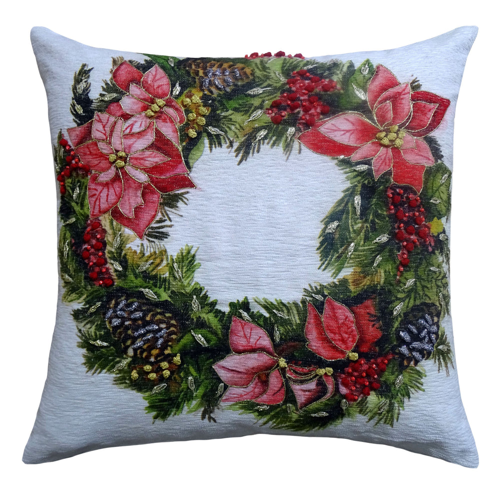 Homeroots 20" X 20" Red And Green Text Zippered Cotton Blend Christmas Wreath Throw Pillow   482282