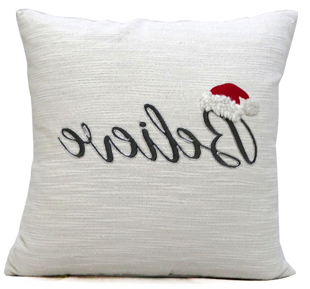 Homeroots 20" X 20" White Cotton Blend Believe Christmas Throw Pillow   482283