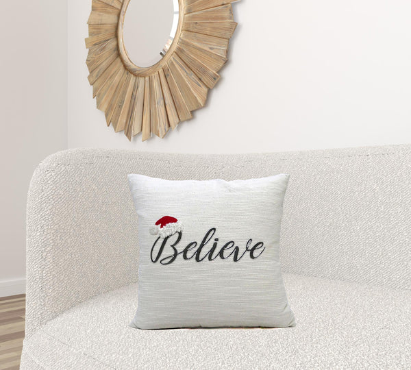 Homeroots 20" X 20" White Cotton Blend Believe Christmas Throw Pillow   482283