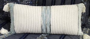 Homeroots 14" X 30" Off White And Green Ribbed Zippered Handmade Cotton Blend Throw Pillow With Tassels   482285