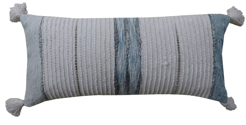 Homeroots 14" X 30" Off White And Green Ribbed Zippered Handmade Cotton Blend Throw Pillow With Tassels   482285