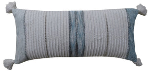 Homeroots 14" X 30" Off White And Green Ribbed Zippered Handmade Cotton Blend Throw Pillow With Tassels   482285