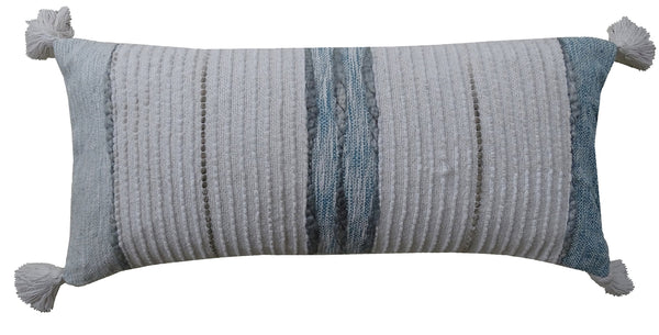 Homeroots 14" X 30" Off White And Green Ribbed Zippered Handmade Cotton Blend Throw Pillow With Tassels   482285