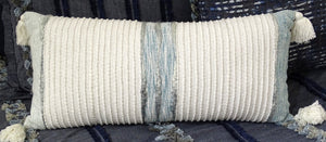 Homeroots 14" X 30" Off White And Green Ribbed Zippered Handmade Cotton Blend Throw Pillow With Tassels   482285