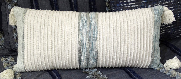 Homeroots 14" X 30" Off White And Green Ribbed Zippered Handmade Cotton Blend Throw Pillow With Tassels   482285