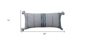 Homeroots 14" X 30" Off White And Green Ribbed Zippered Handmade Cotton Blend Throw Pillow With Tassels   482285