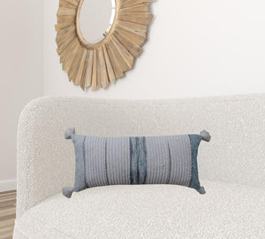 Homeroots 14" X 30" Off White And Green Ribbed Zippered Handmade Cotton Blend Throw Pillow With Tassels   482285