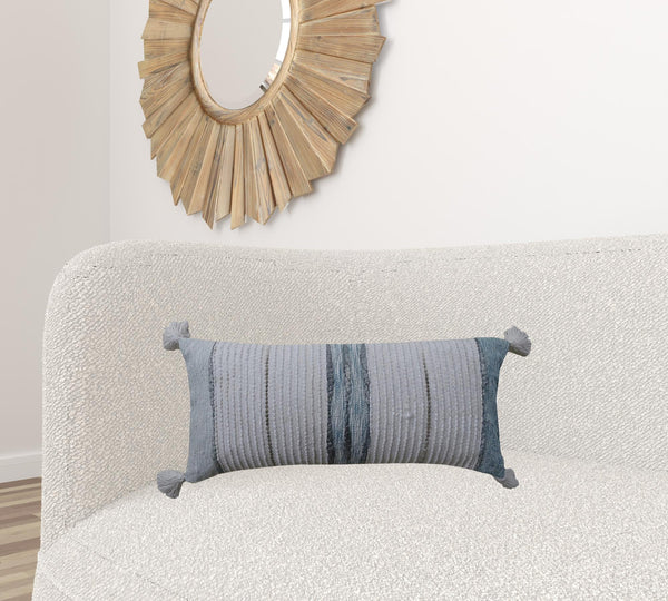 Homeroots 14" X 30" Off White And Green Ribbed Zippered Handmade Cotton Blend Throw Pillow With Tassels   482285