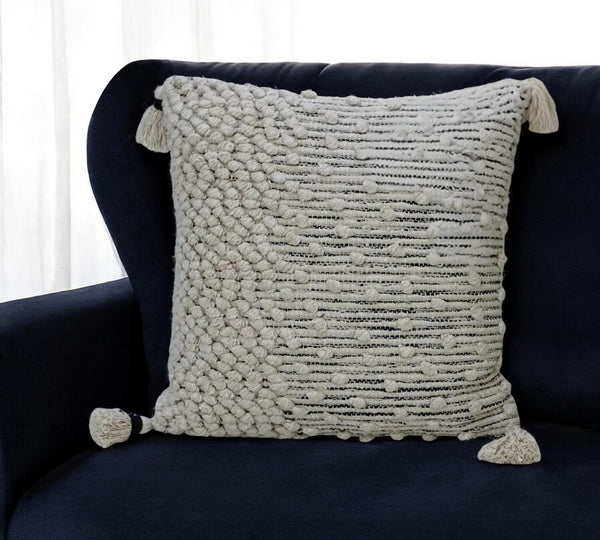 Homeroots 20" Beige Abstract Cotton Blend Throw Pillow With Embroidery And Tassels   482287