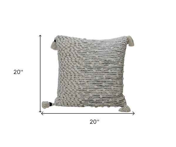Homeroots 20" Beige Abstract Cotton Blend Throw Pillow With Embroidery And Tassels   482287
