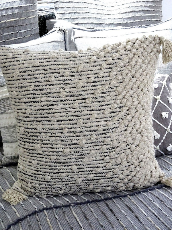 Homeroots 20" Beige Abstract Cotton Blend Throw Pillow With Embroidery And Tassels   482287