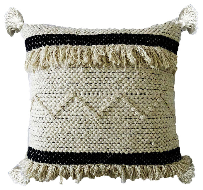Homeroots 20" X 20" White And Black Ribbed Zippered Hand Loomed Cotton Blend Throw Pillow With Fringe   482289