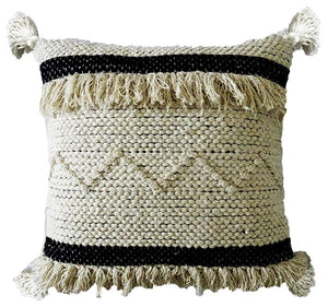 Homeroots 20" X 20" White And Black Ribbed Zippered Hand Loomed Cotton Blend Throw Pillow With Fringe   482289