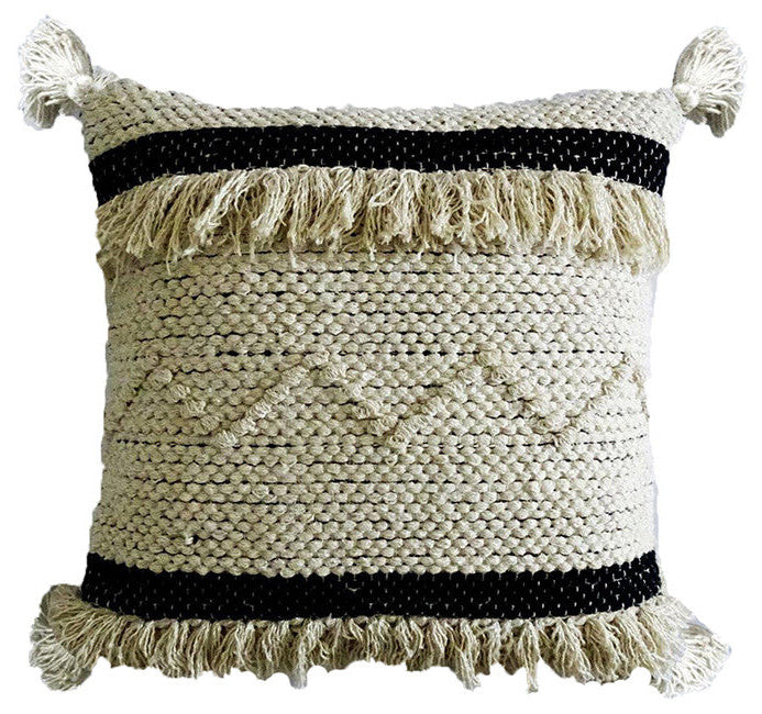 Homeroots 20" X 20" White And Black Ribbed Zippered Hand Loomed Cotton Blend Throw Pillow With Fringe   482289