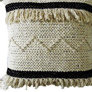 Homeroots 20" X 20" White And Black Ribbed Zippered Hand Loomed Cotton Blend Throw Pillow With Fringe   482289