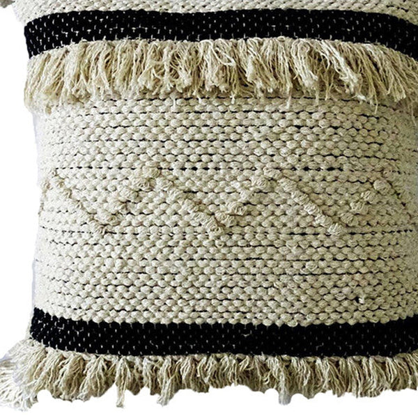 Homeroots 20" X 20" White And Black Ribbed Zippered Hand Loomed Cotton Blend Throw Pillow With Fringe   482289