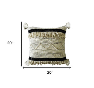 Homeroots 20" X 20" White And Black Ribbed Zippered Hand Loomed Cotton Blend Throw Pillow With Fringe   482289