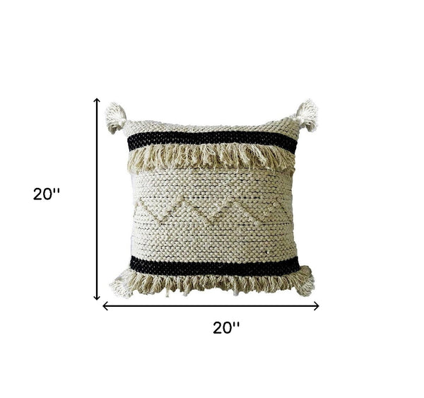 Homeroots 20" X 20" White And Black Ribbed Zippered Hand Loomed Cotton Blend Throw Pillow With Fringe   482289