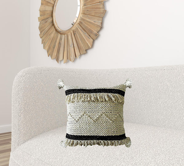 Homeroots 20" X 20" White And Black Ribbed Zippered Hand Loomed Cotton Blend Throw Pillow With Fringe   482289