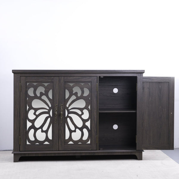 English Elm 49.33" Mirrored Lattice Buffet Cabinet with Adjustable Shelves Vintage Wood Grain Sideboard Dark Brown W2899P372741