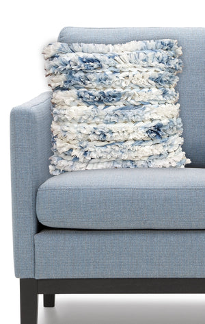 Homeroots 22" X 22" White And Blue Ombre Zippered Hand Loomed Cotton Blend Throw Pillow With Ruffles   482291