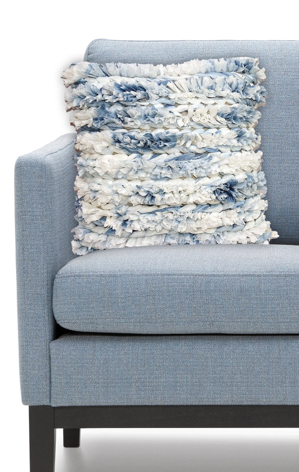 Homeroots 22" X 22" White And Blue Ombre Zippered Hand Loomed Cotton Blend Throw Pillow With Ruffles   482291