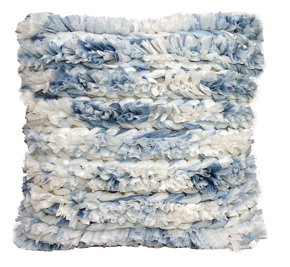 Homeroots 22" X 22" White And Blue Ombre Zippered Hand Loomed Cotton Blend Throw Pillow With Ruffles   482291