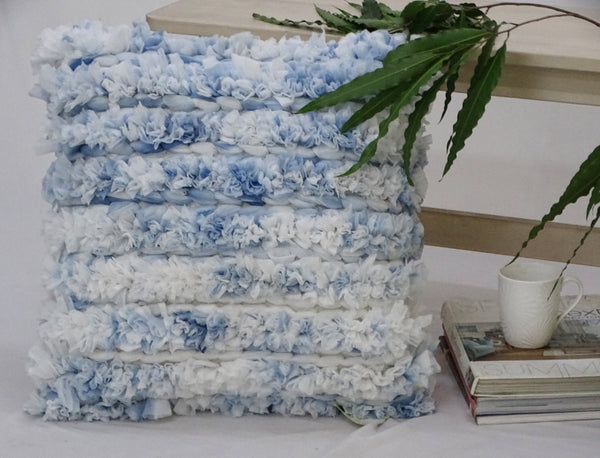 Homeroots 22" X 22" White And Blue Ombre Zippered Hand Loomed Cotton Blend Throw Pillow With Ruffles   482291