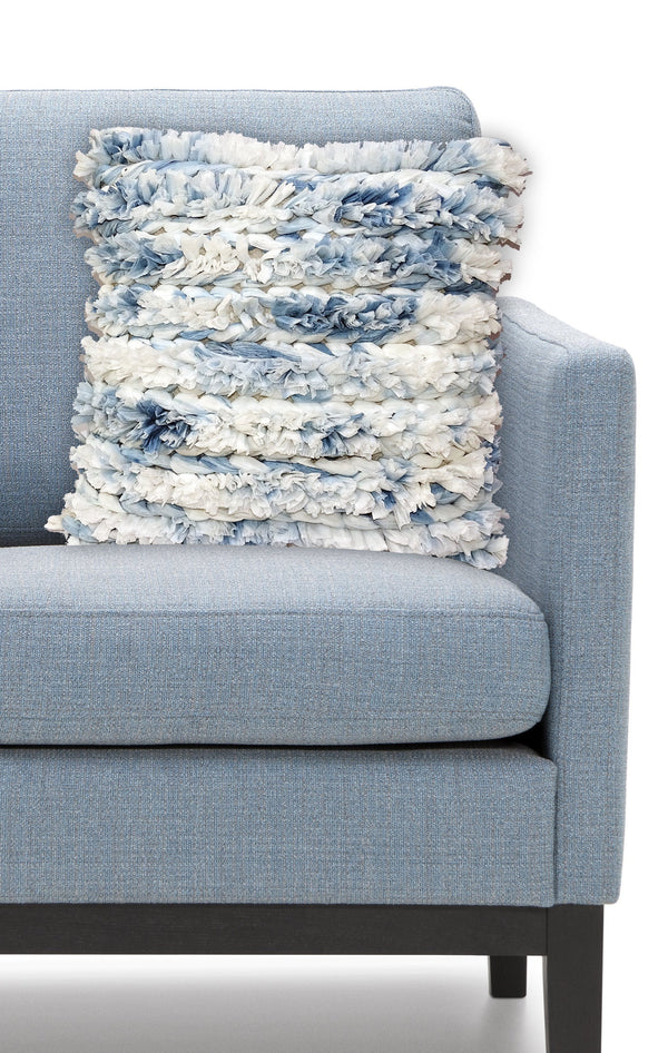 Homeroots 22" X 22" White And Blue Ombre Zippered Hand Loomed Cotton Blend Throw Pillow With Ruffles   482291