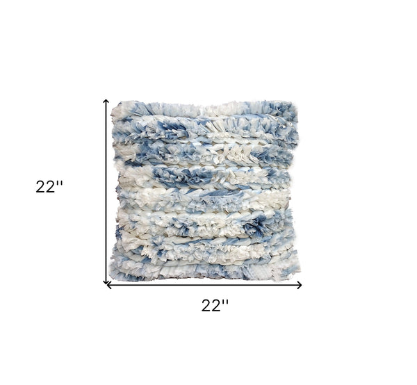 Homeroots 22" X 22" White And Blue Ombre Zippered Hand Loomed Cotton Blend Throw Pillow With Ruffles   482291