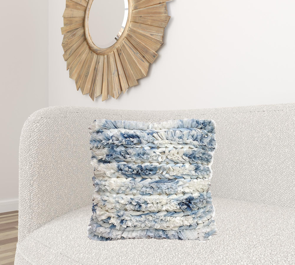 Homeroots 22" X 22" White And Blue Ombre Zippered Hand Loomed Cotton Blend Throw Pillow With Ruffles   482291