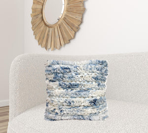 Homeroots 22" X 22" White And Blue Ombre Zippered Hand Loomed Cotton Blend Throw Pillow With Ruffles   482291