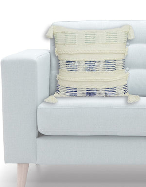 Homeroots 22" X 22" Off White And Blue Checkered Zippered Handmade Cotton Blend Throw Pillow With Tassels   482292