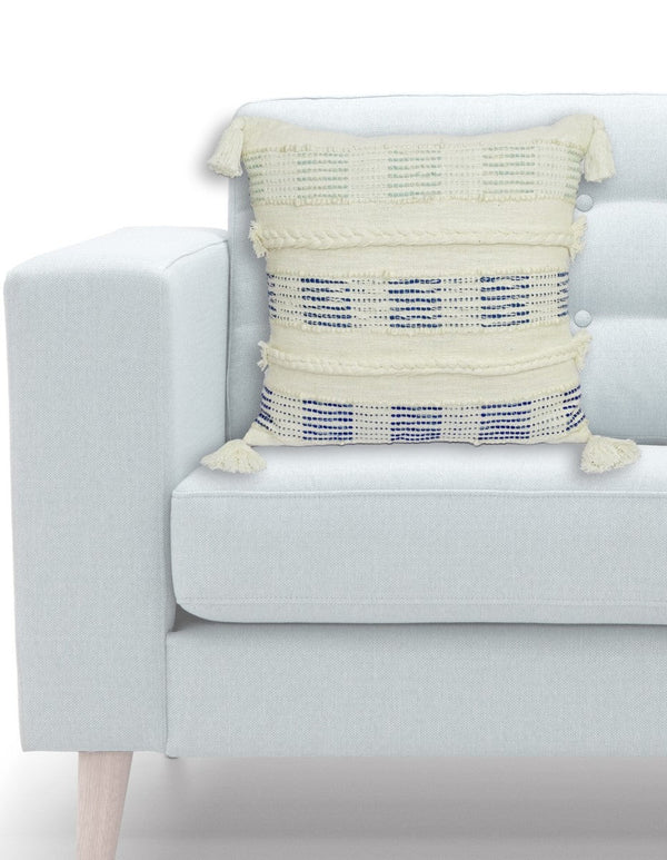 Homeroots 22" X 22" Off White And Blue Checkered Zippered Handmade Cotton Blend Throw Pillow With Tassels   482292