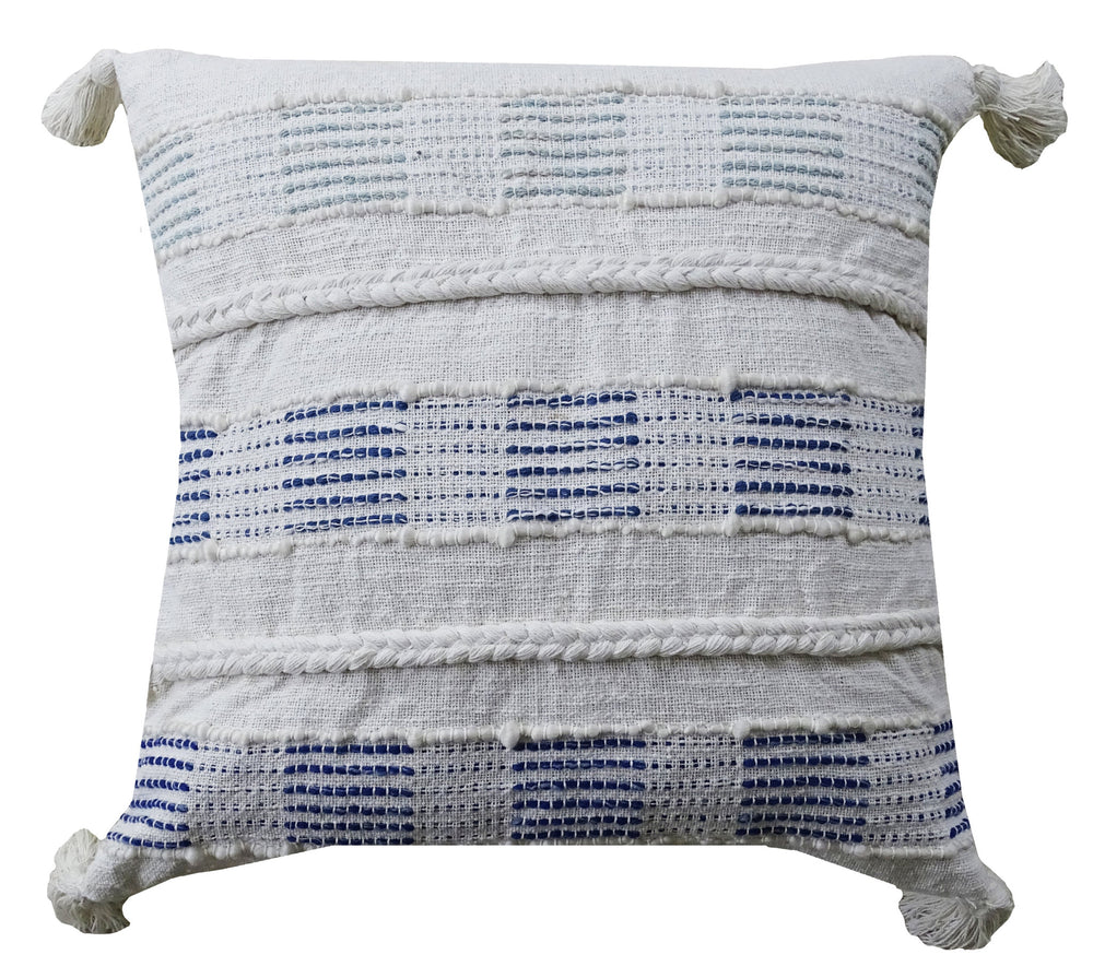Homeroots 22" X 22" Off White And Blue Checkered Zippered Handmade Cotton Blend Throw Pillow With Tassels   482292